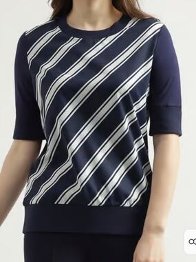United Colors Of Benetton Stripe Frt Round Neck Top Navy/White Size Medium